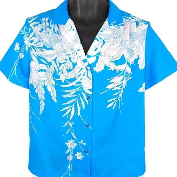 Vintage Hilo Hattie Hawaiian Shirt Womens Size Medium Blue 80s Made In Hawaii US - Picture 1 of 5